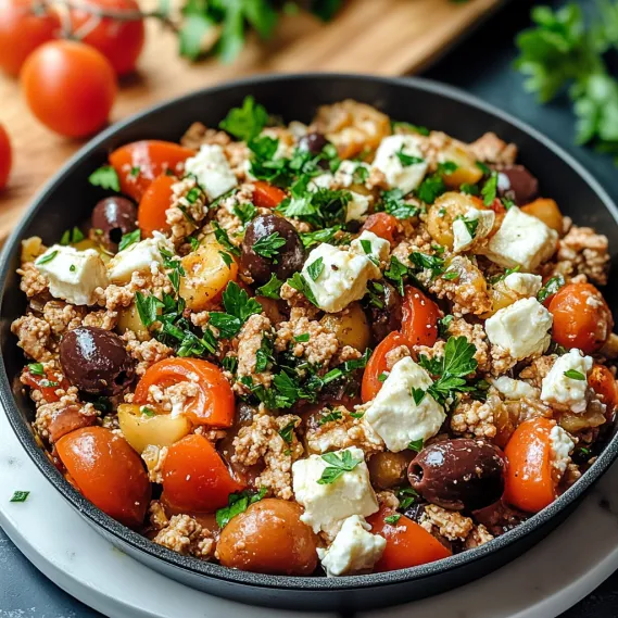 A skillet of Mediterranean ground chicken with olives and feta.