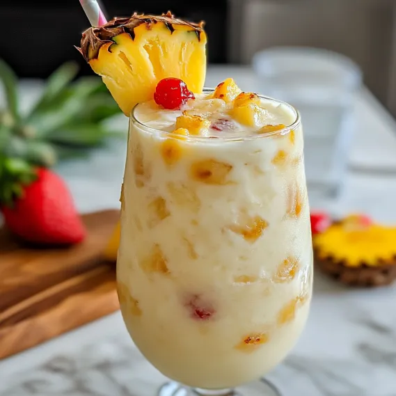 A virgin pina colada with a pineapple wedge on top.