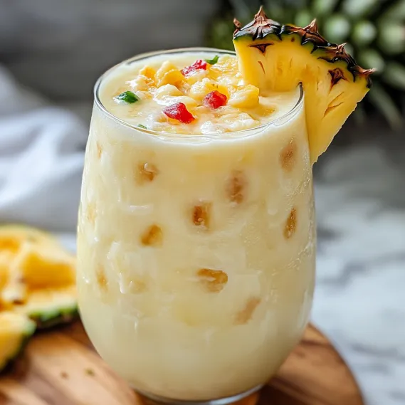 A glass of pineapple juice with a pineapple slice on top.