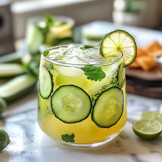 A glass of cucumber juice with a slice of cucumber in it.