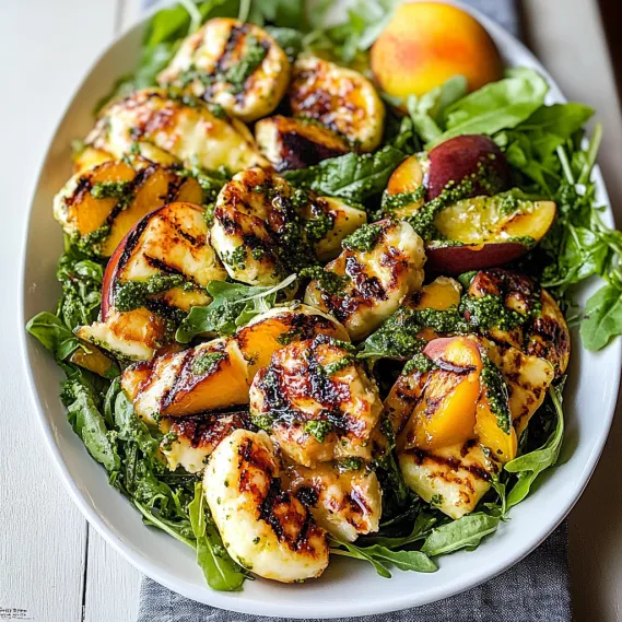 A plate of food with peaches, spinach, and other vegetables.