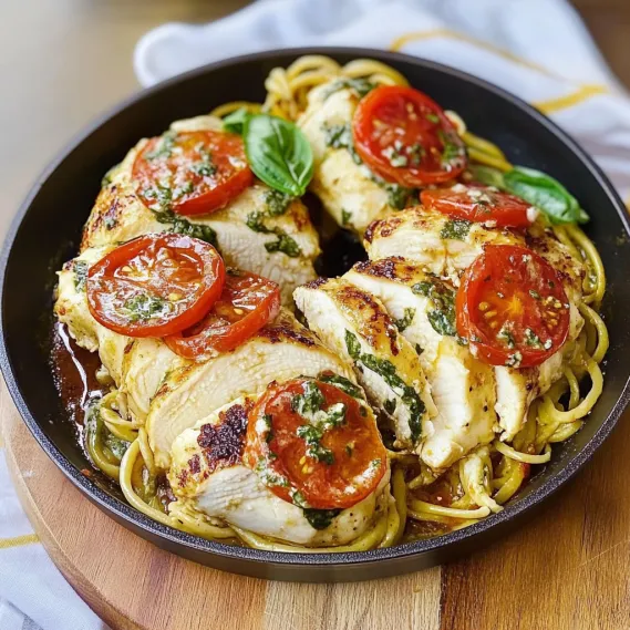 A plate of food with chicken, tomatoes, and pasta.