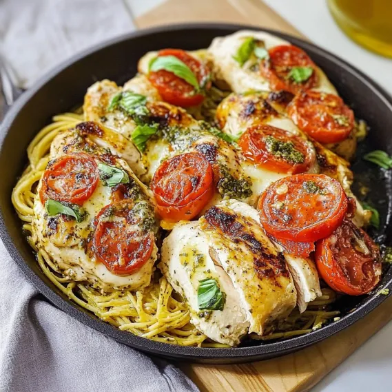 A plate of chicken and tomatoes.