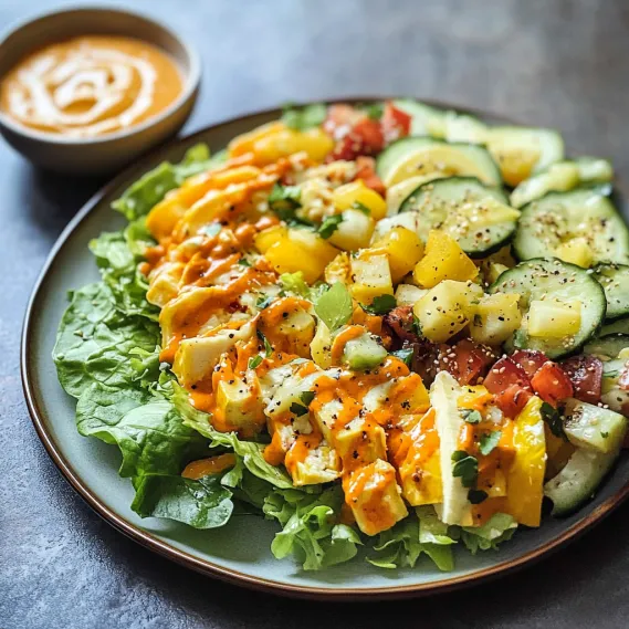 A plate of salad with a bowl of dressing.