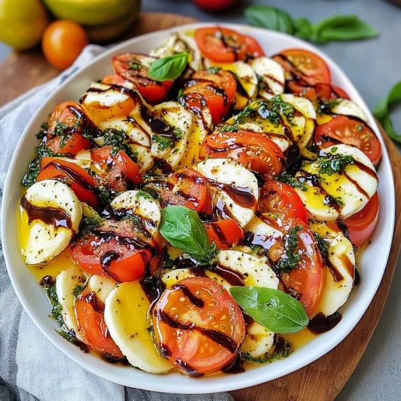 A bowl of food with tomatoes, cheese, and basil.