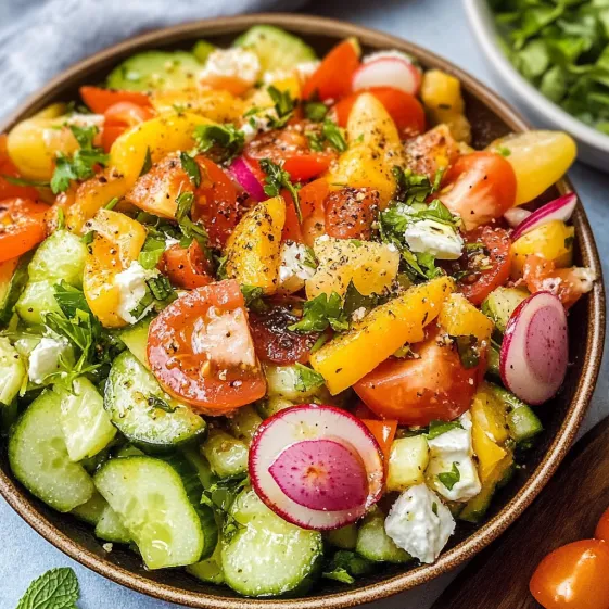 A bowl of vegetables including tomatoes, cucumbers, and peppers.