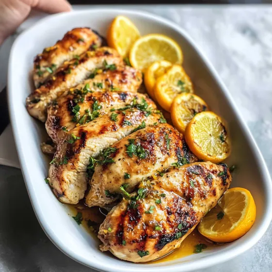 A bowl of chicken and lemon wedges.