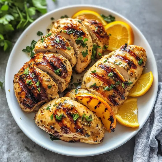 A plate of grilled chicken with lemon wedges.