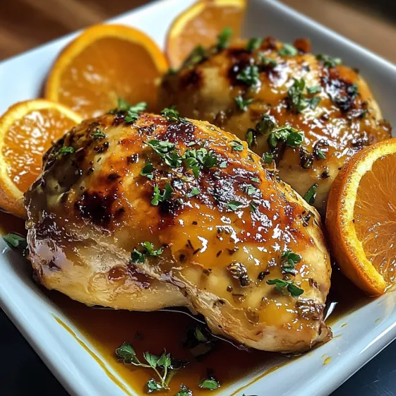 A plate of chicken with oranges on the side.