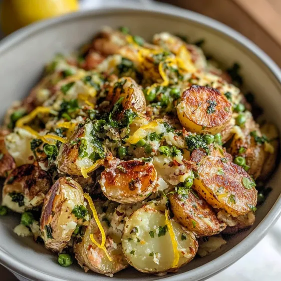 A bowl of food with potatoes, peas, and lemon.