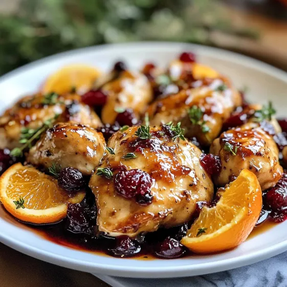 A plate of chicken with orange slices and berries.