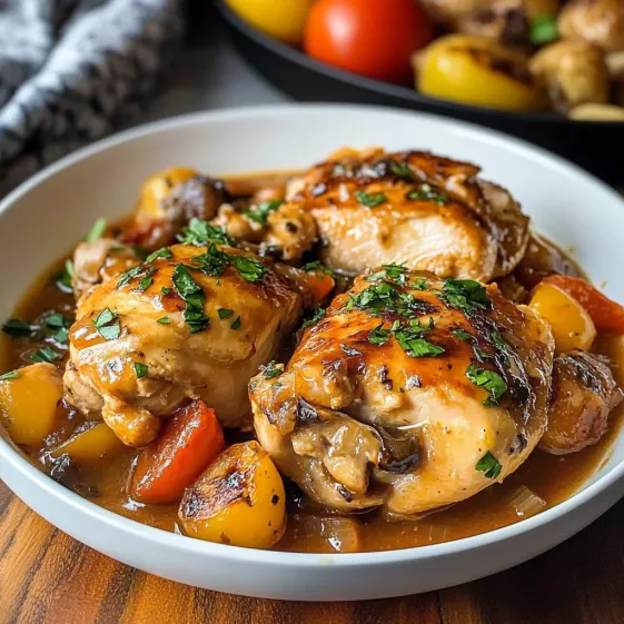 A bowl of chicken and vegetables.