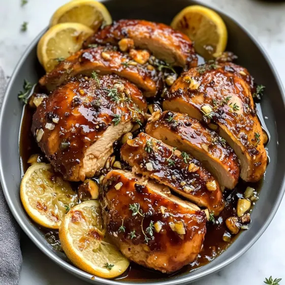 A bowl of chicken with lemon and herbs.