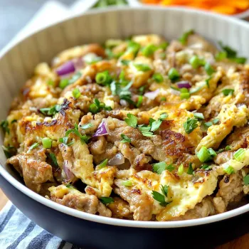 A bowl of food with onions and peppers.
