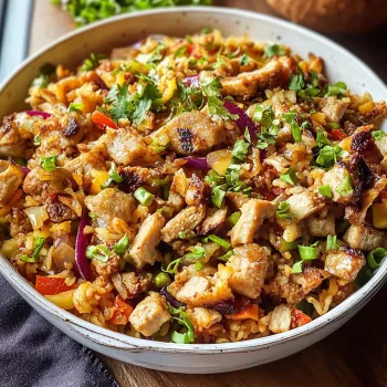A bowl of food with chicken, rice, and vegetables.