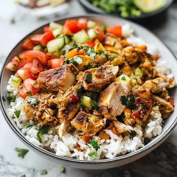 A bowl of food with rice, tomatoes, cucumbers, and chicken.