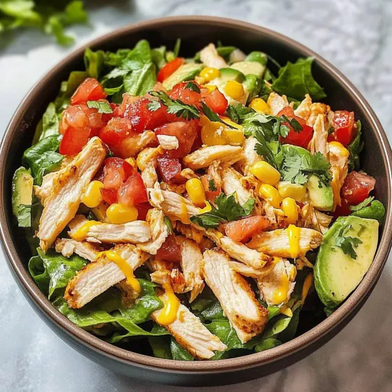 A bowl of chicken salad with tomatoes, corn, and lettuce.