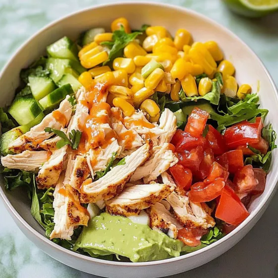 A bowl of food with chicken, tomatoes, corn, and avocado.