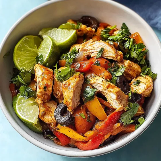 A bowl of food with chicken, lime, and peppers.