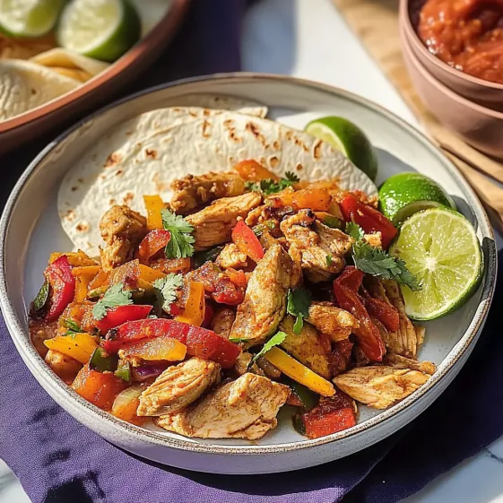 A plate of food with chicken, lime, and peppers.