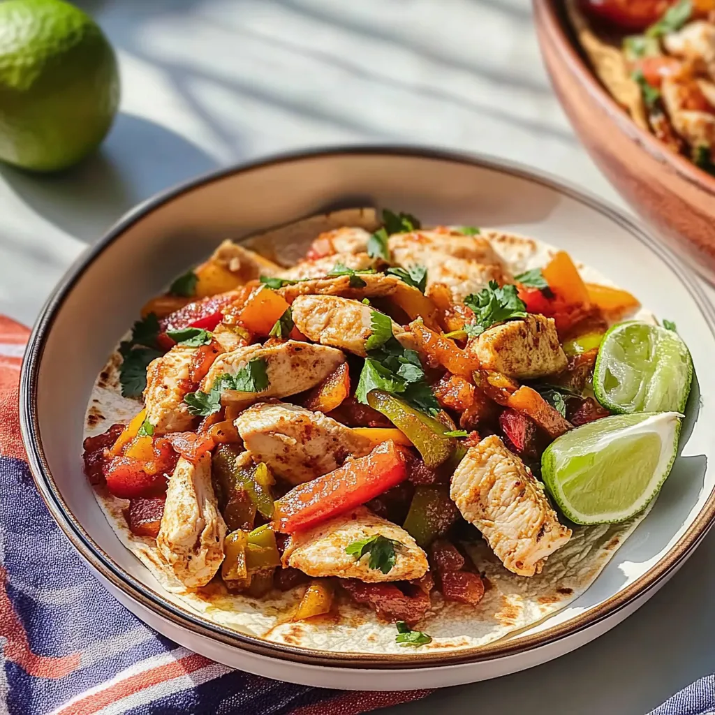A plate of food with chicken, peppers and lime.