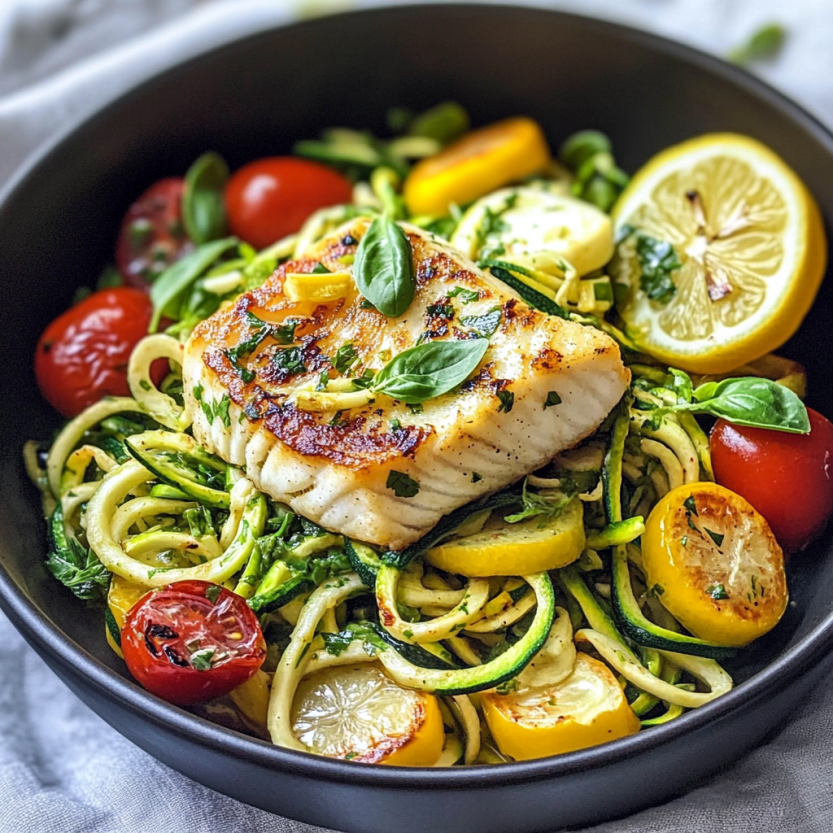 Une assiette colorée pleine de légumes et de nouilles de courgettes.