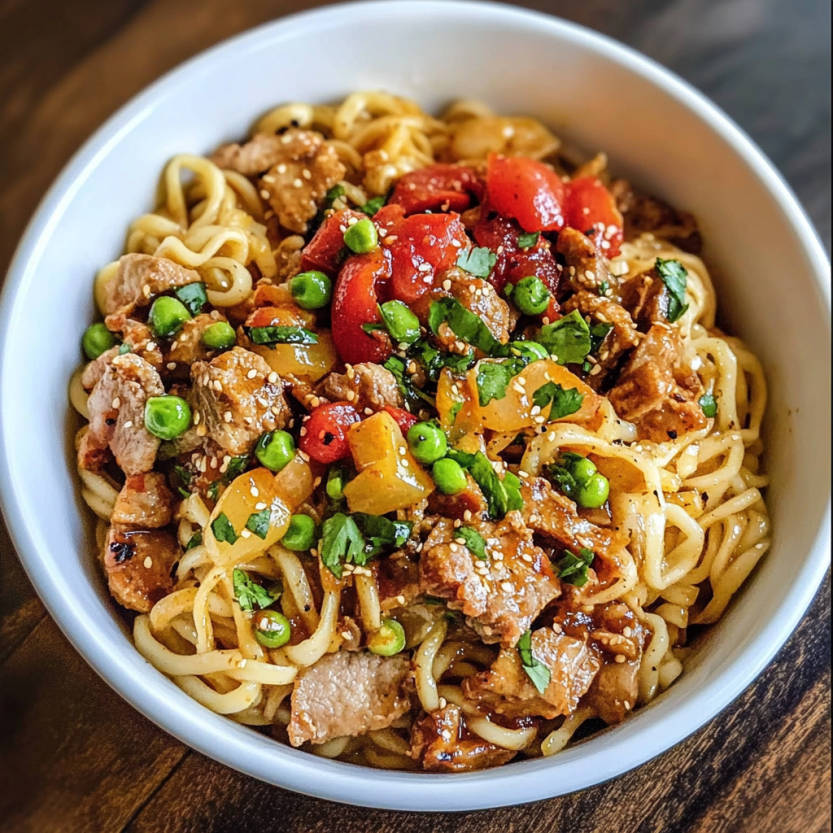 A plate of spaghetti with veggies and meats.