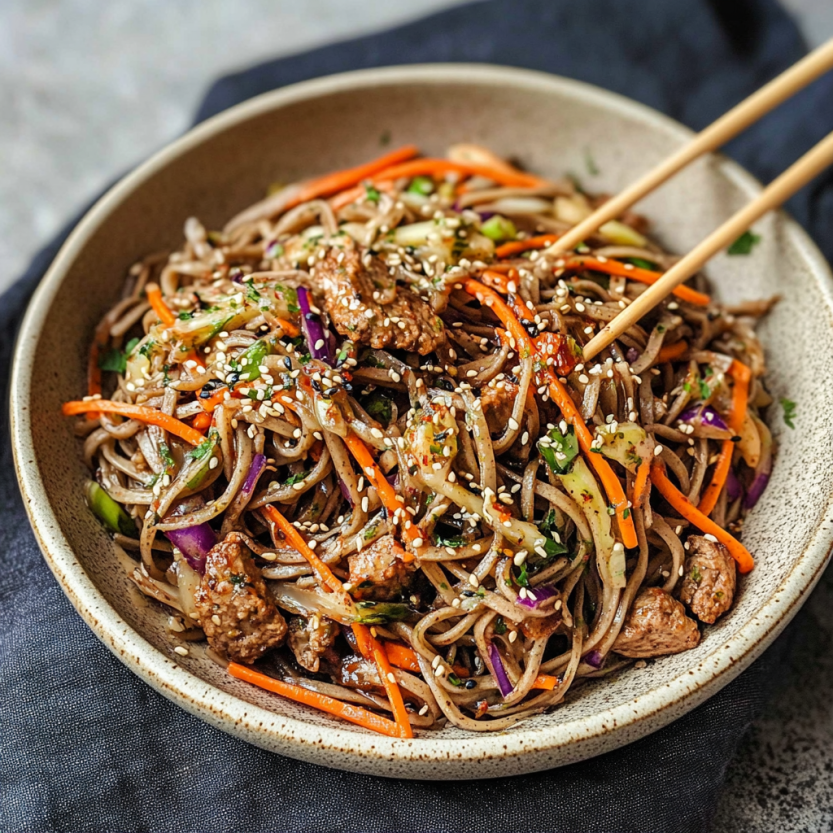 Vegan soba noodles salad on a plate.