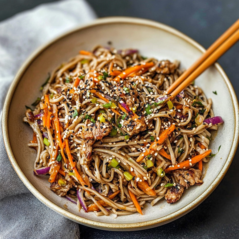 A plate of soba noodles with green veggies and carrots.