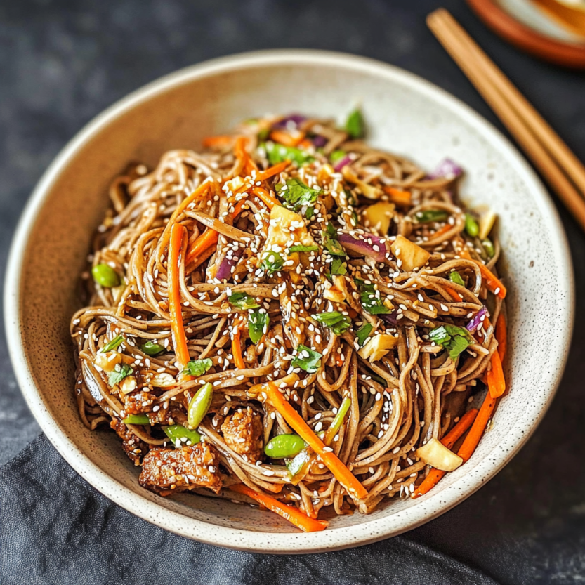 A vegan soba noodle salad on display.