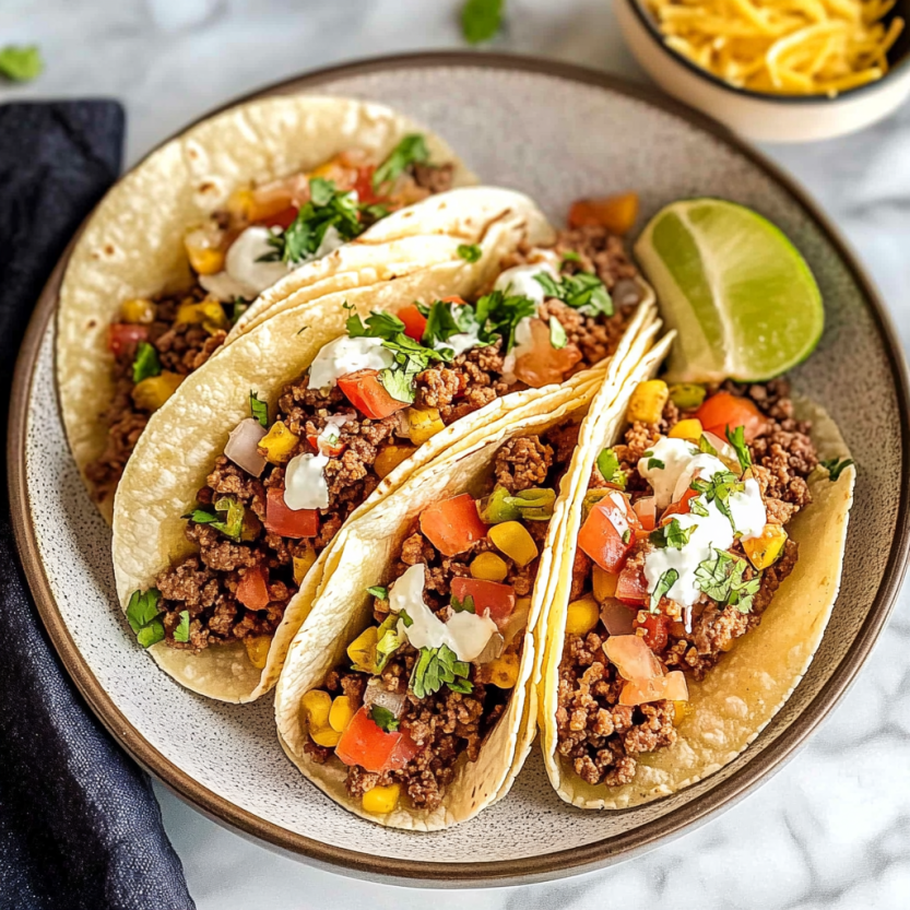 Plate loaded with Mexican beef tacos ready to eat.