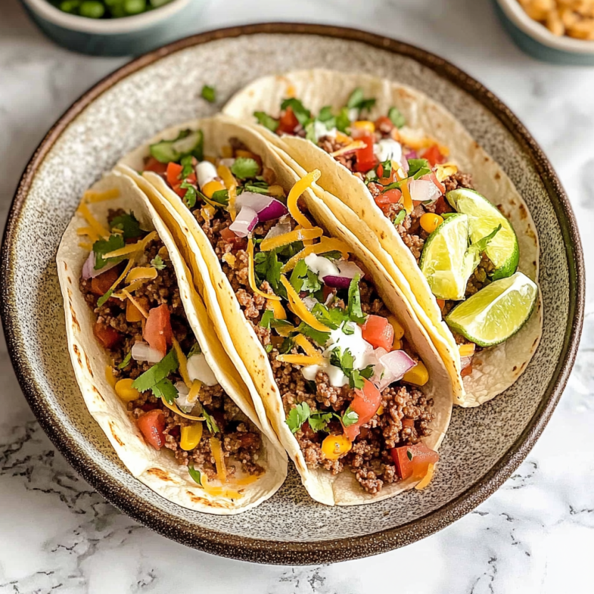 Mexican tacos on a table with toppings like tomatoes, onions, greens, avocado, limes, and chiles.