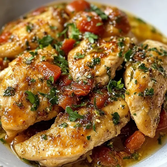 A bowl of chicken with tomatoes and herbs.
