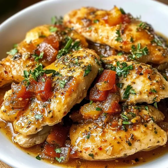 A bowl of chicken with sauce.