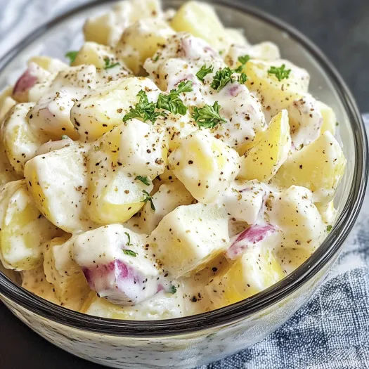Potato salad in a bowl with lots of onions and herbs on top.