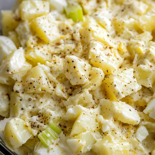 A bowl full of fluffy potato salad close up.