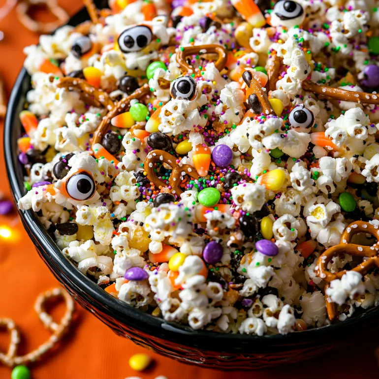 Popcorn snack with candy eyes and a silly monster face in a bowl.