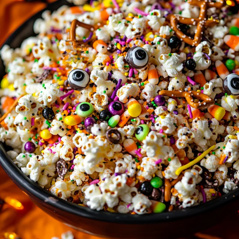 Popcorn in a bowl with candy eyes and a goofy candy smile.