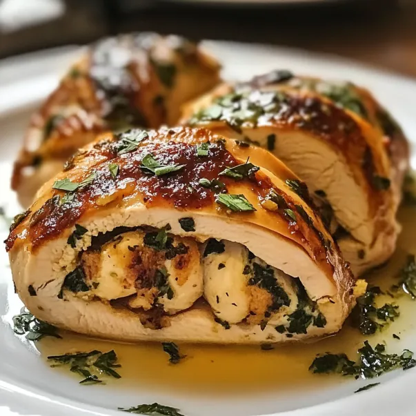 Bacon-wrapped chicken breast sitting on a plate, ready to eat.