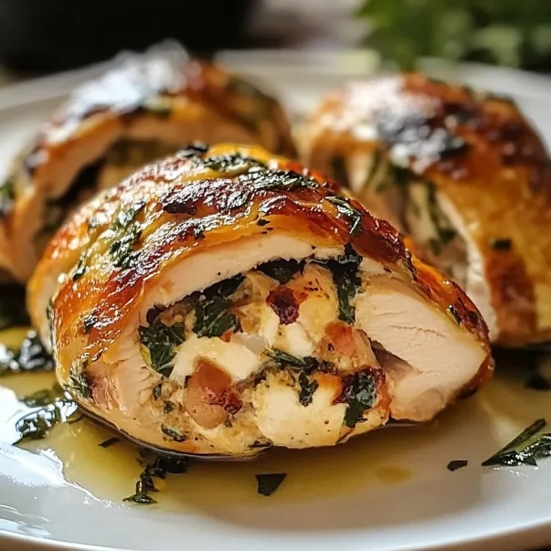 Chicken on a plate topped with greens.