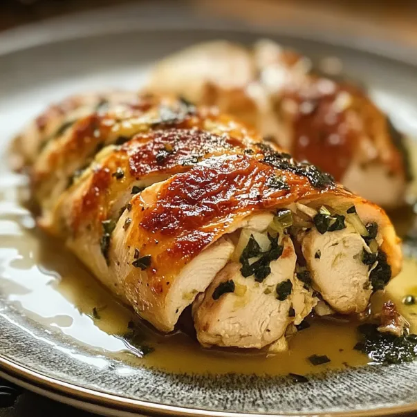 Chicken plated with sauce.