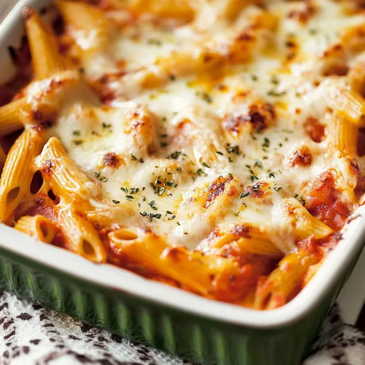 A pan filled with cheesy chicken penne, fresh from the oven.