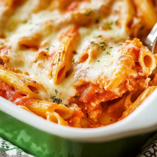 Cheesy chicken and penne close up in a casserole pan.