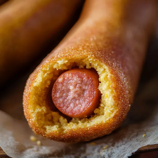Corn dog showing off its hot dog center.