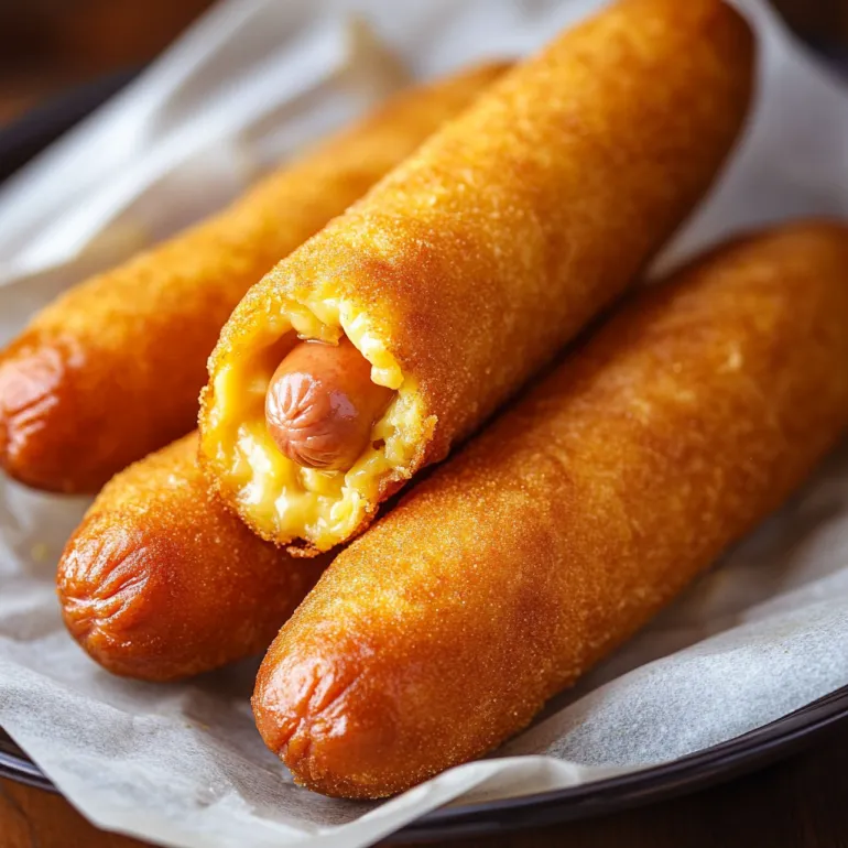 A pair of corn dogs fresh from frying with a hot dog peeking out in the middle.