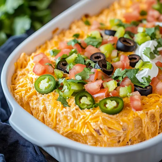 A white bowl stuffed with layered taco dip.