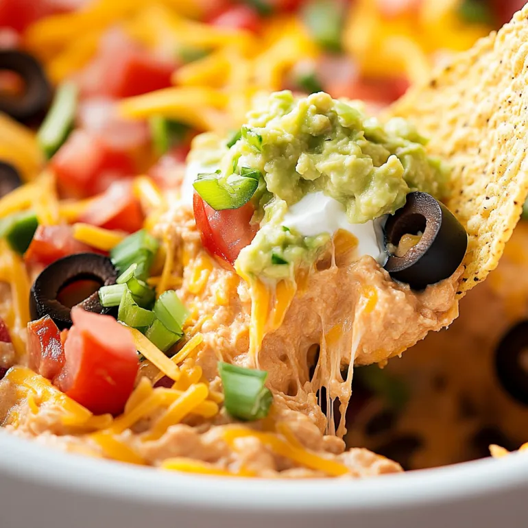 A bowl overflowing with taco dip and a big spoon.