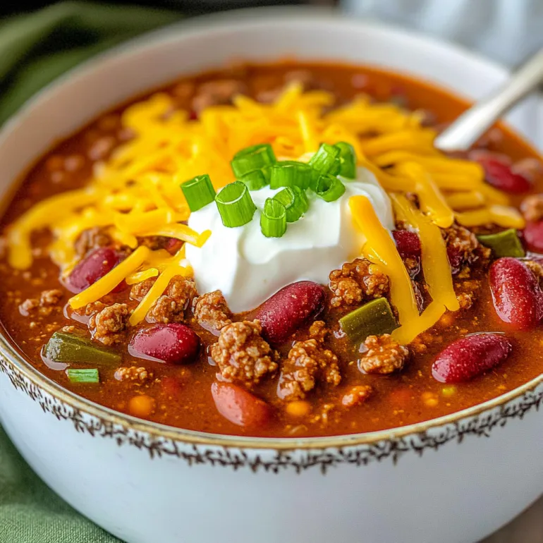 A bowl of chili with cheese and green onions on top.