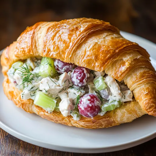 A croissant bursting with chicken salad filling.