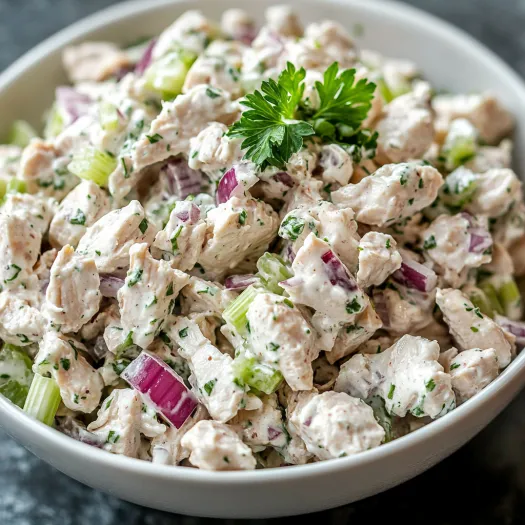 Bowl stuffed with creamy chicken salad and fresh greens.